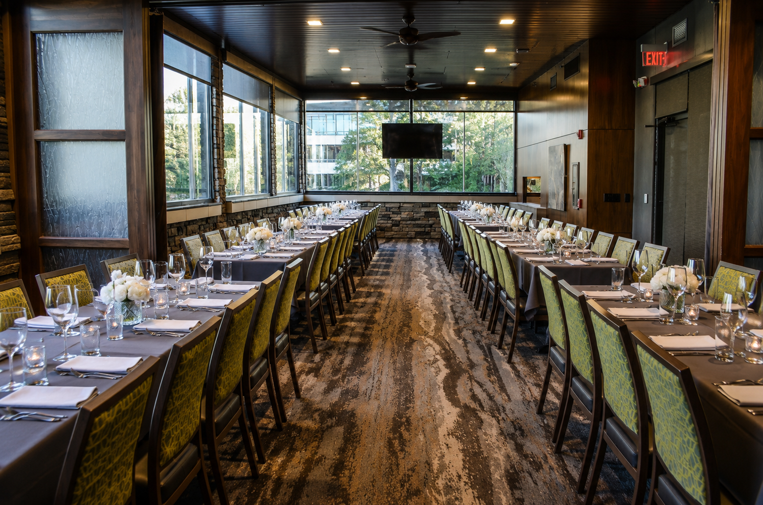 a room with tables and chairs