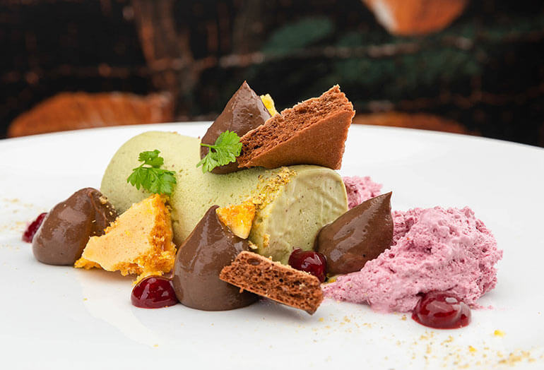 a plate of food with a slice cut out