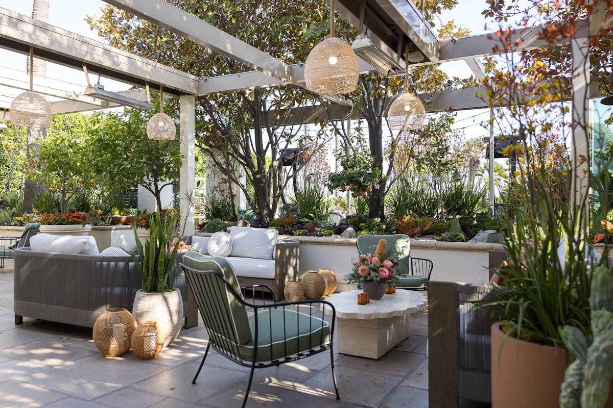 a room with a couch and a chair in a garden