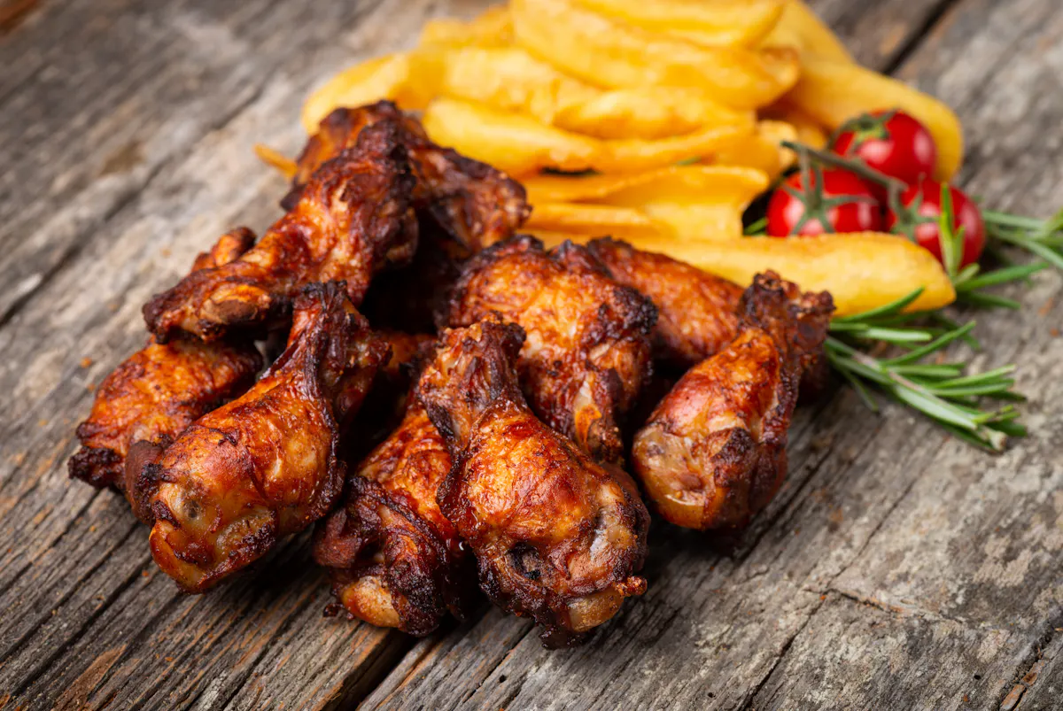 a close up of food on a wooden surface