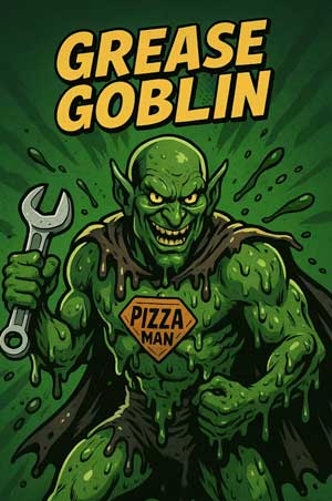 A pizza-themed comic book style villain called Grease Goblin