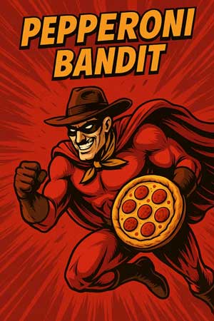 A pizza-themed comic book style villain called Pepperoni Bandit