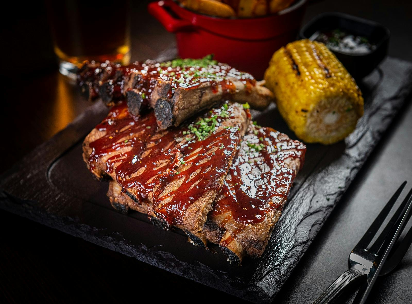 a plate of food with a fork and knife