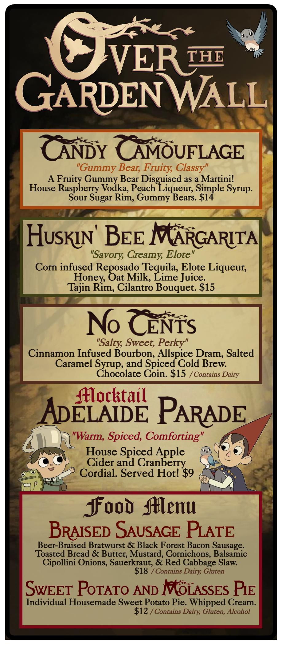 a menu of drinks and beverages