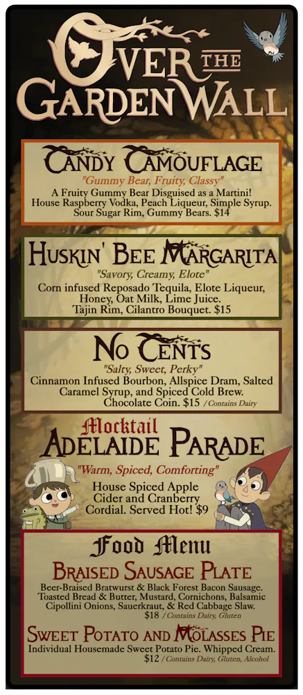a menu of drinks and beverages