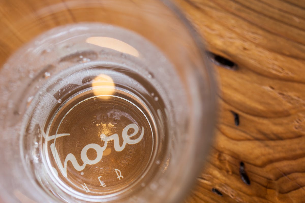 close up of a shore brand glass