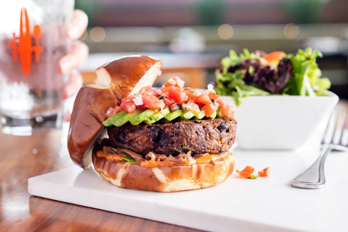 a closeup of a burger