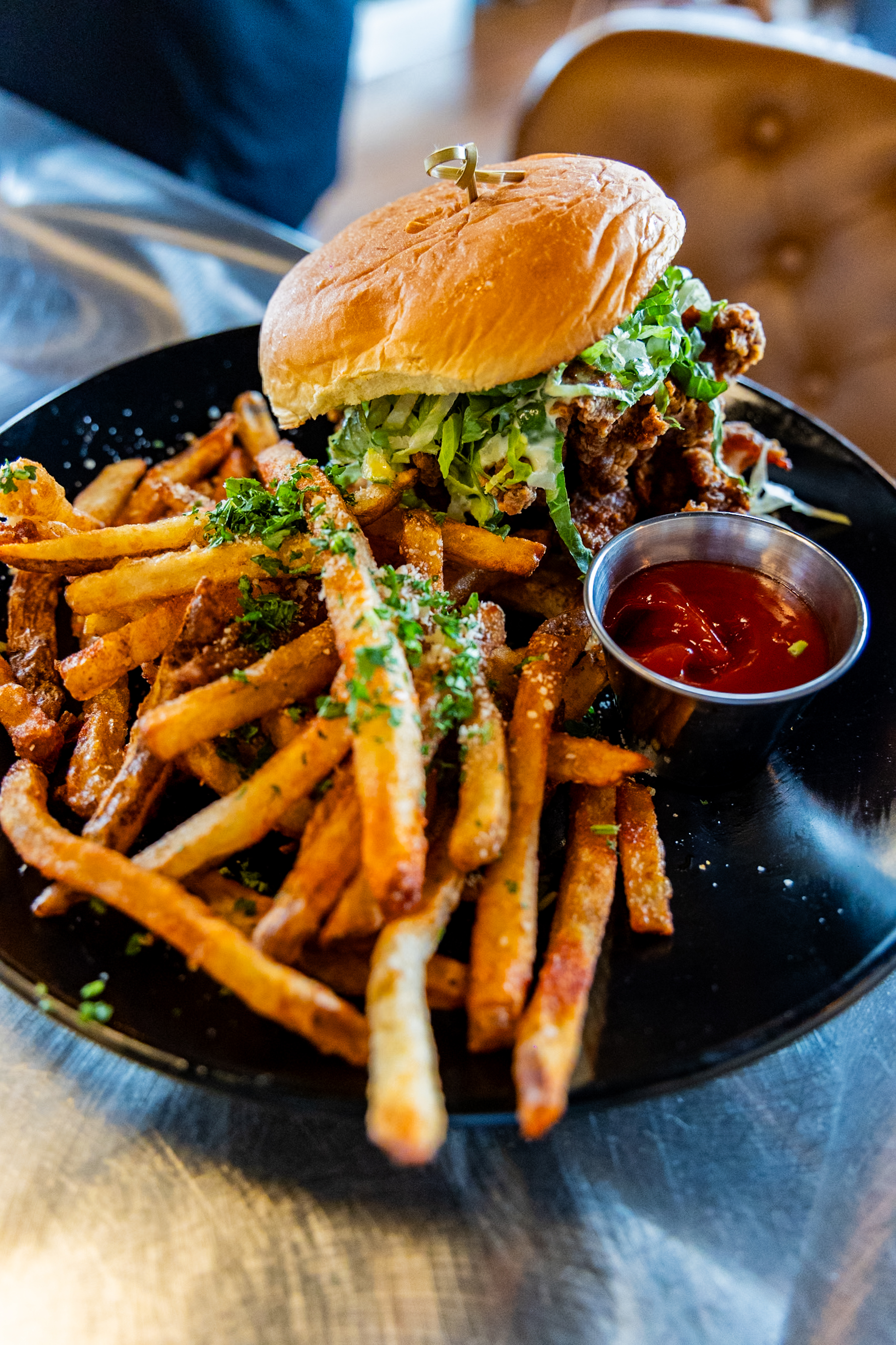 Juicy chicken burger with fries