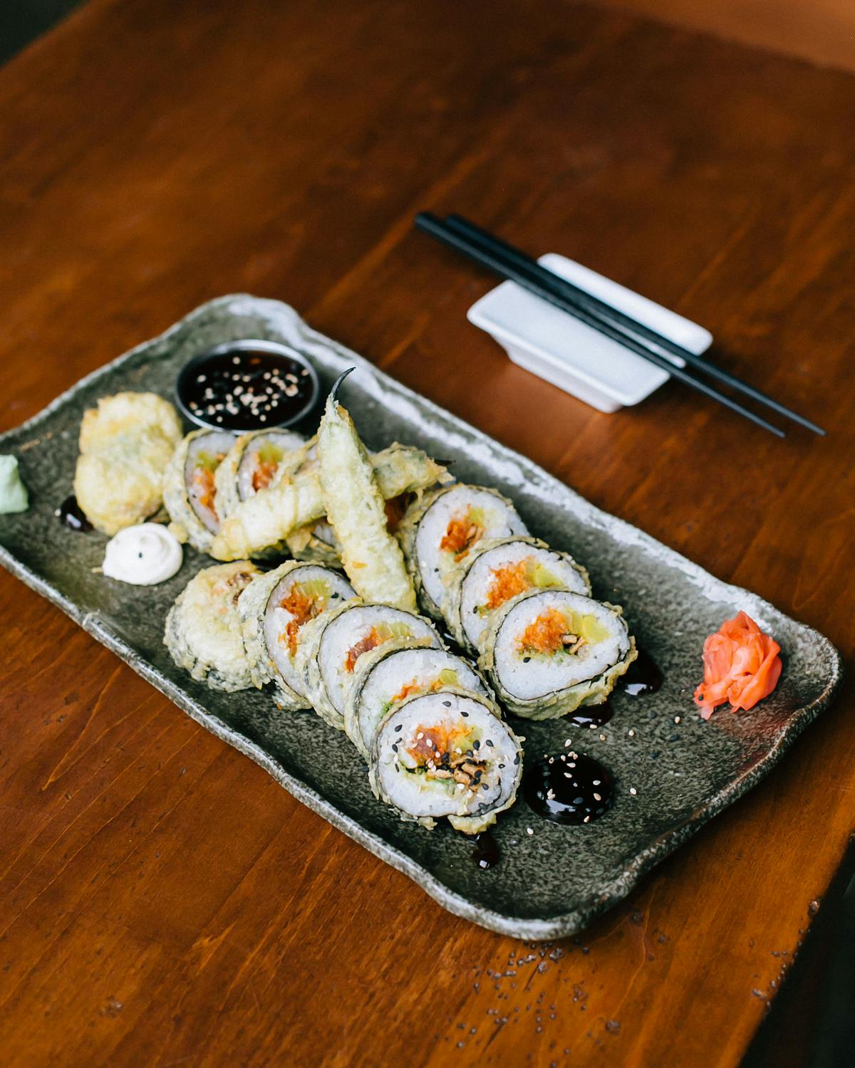 sushi on a wooden table