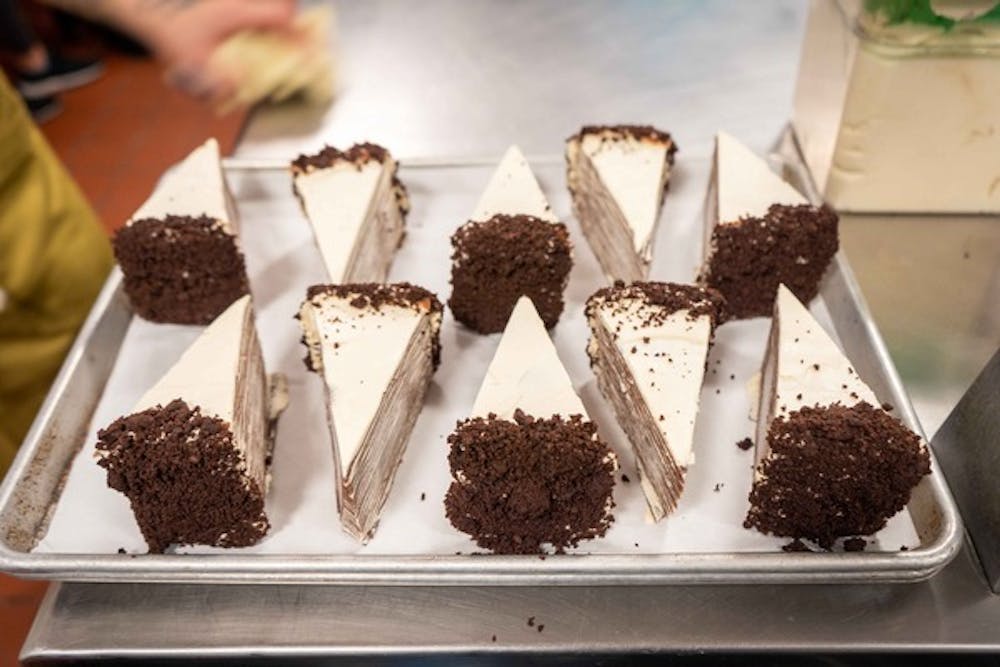 a piece of chocolate cake on a table