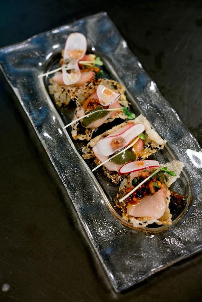 a plate of food with a knife and fork