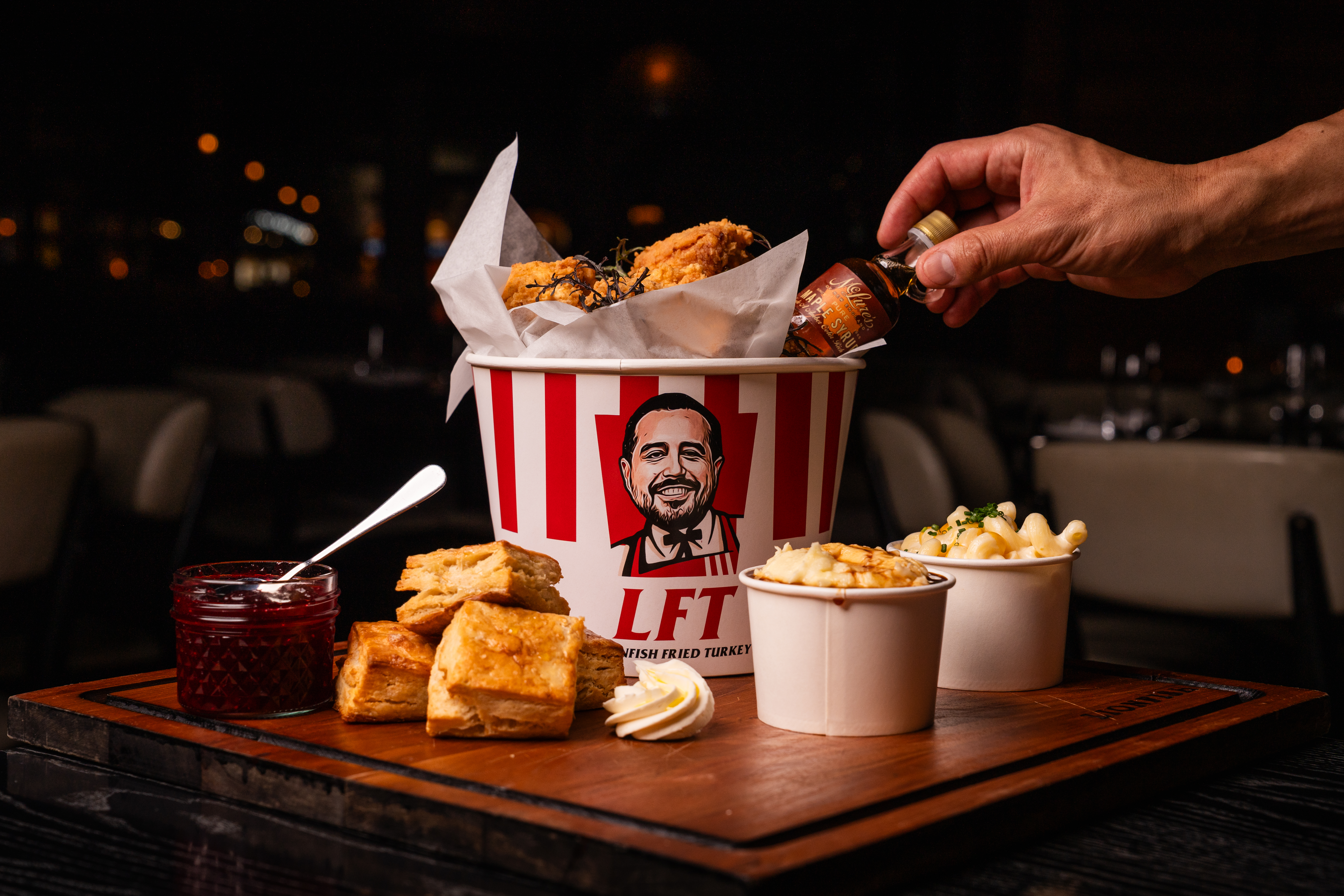 Friendsgiving feast at Lionfish San Diego featuring deep-fried turkey, truffle mac & cheese, fresh seafood, and craft cocktails in the Gaslamp Quarter.