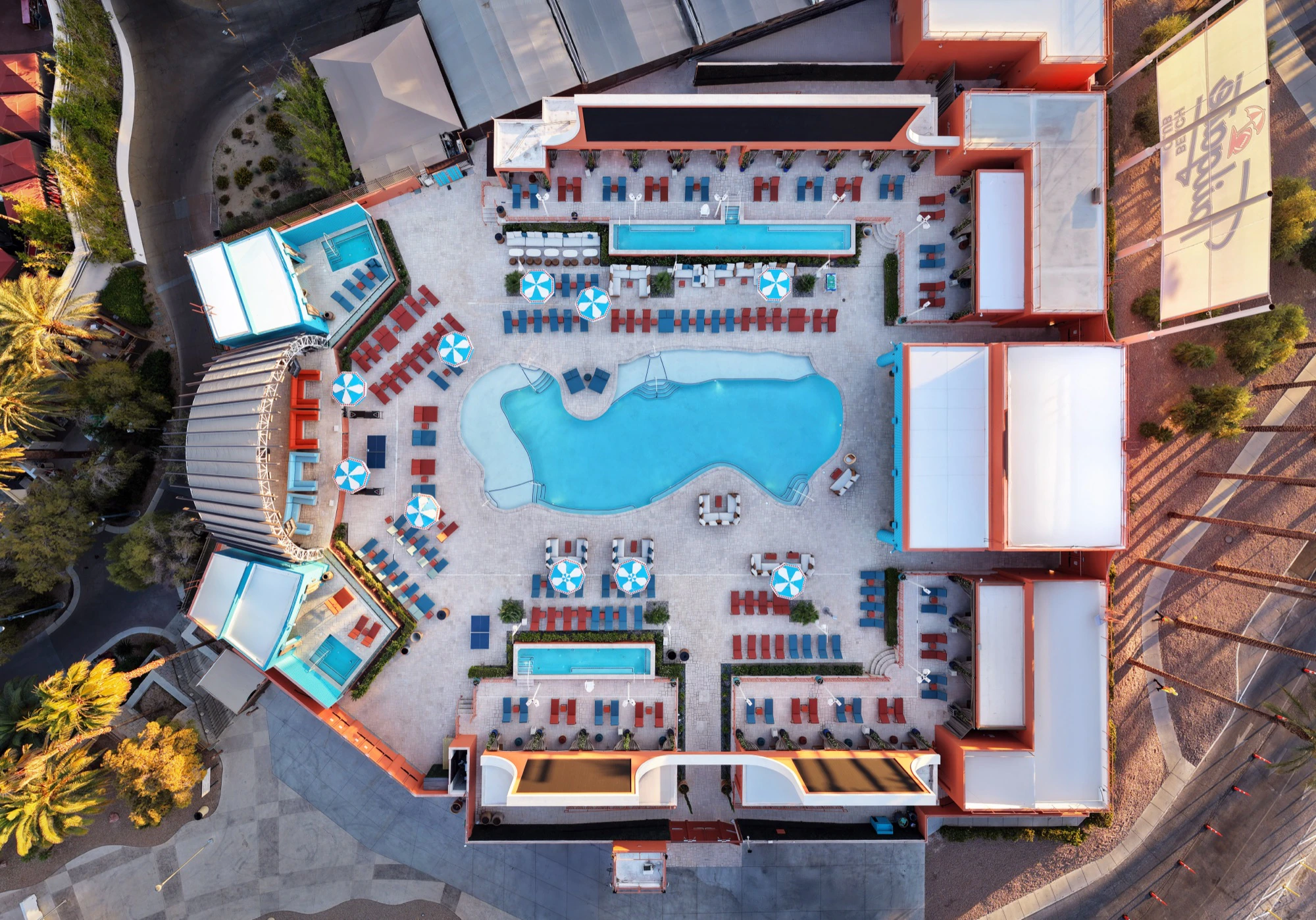 Aerial view and floorplan of Tailgate Beach Club at Mandalay Bay