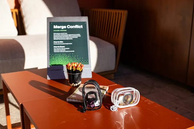 Custom tabletop game station set up in a cabana