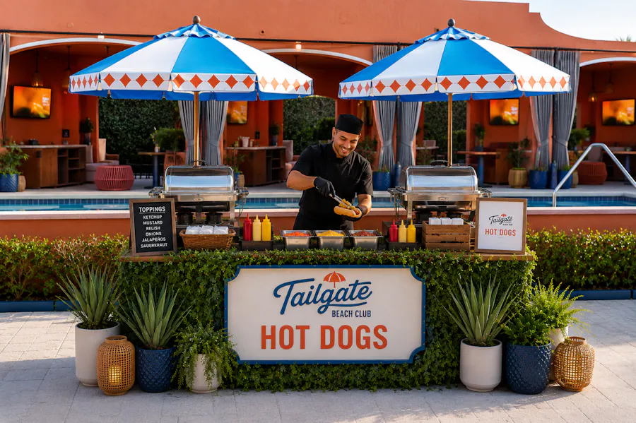 Chef serving from the Tailgate hot dog stand
