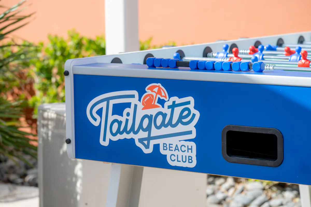 Tailgate-branded foosball table close-up