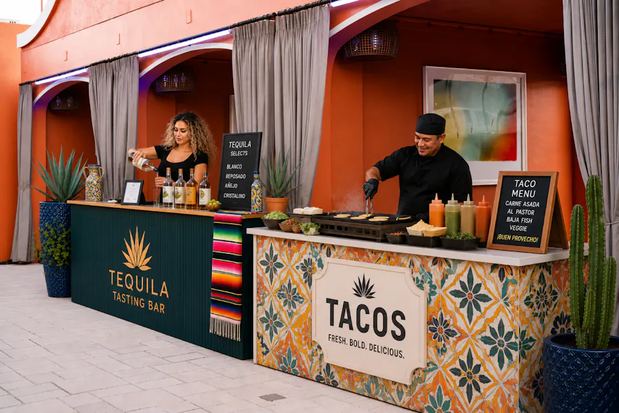 Taco and tequila tasting station with staff