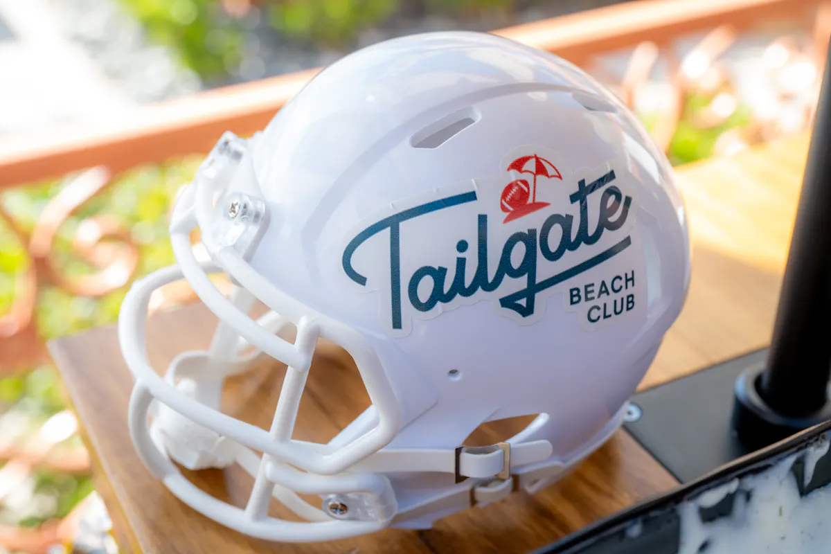 White Tailgate-branded football helmet close-up