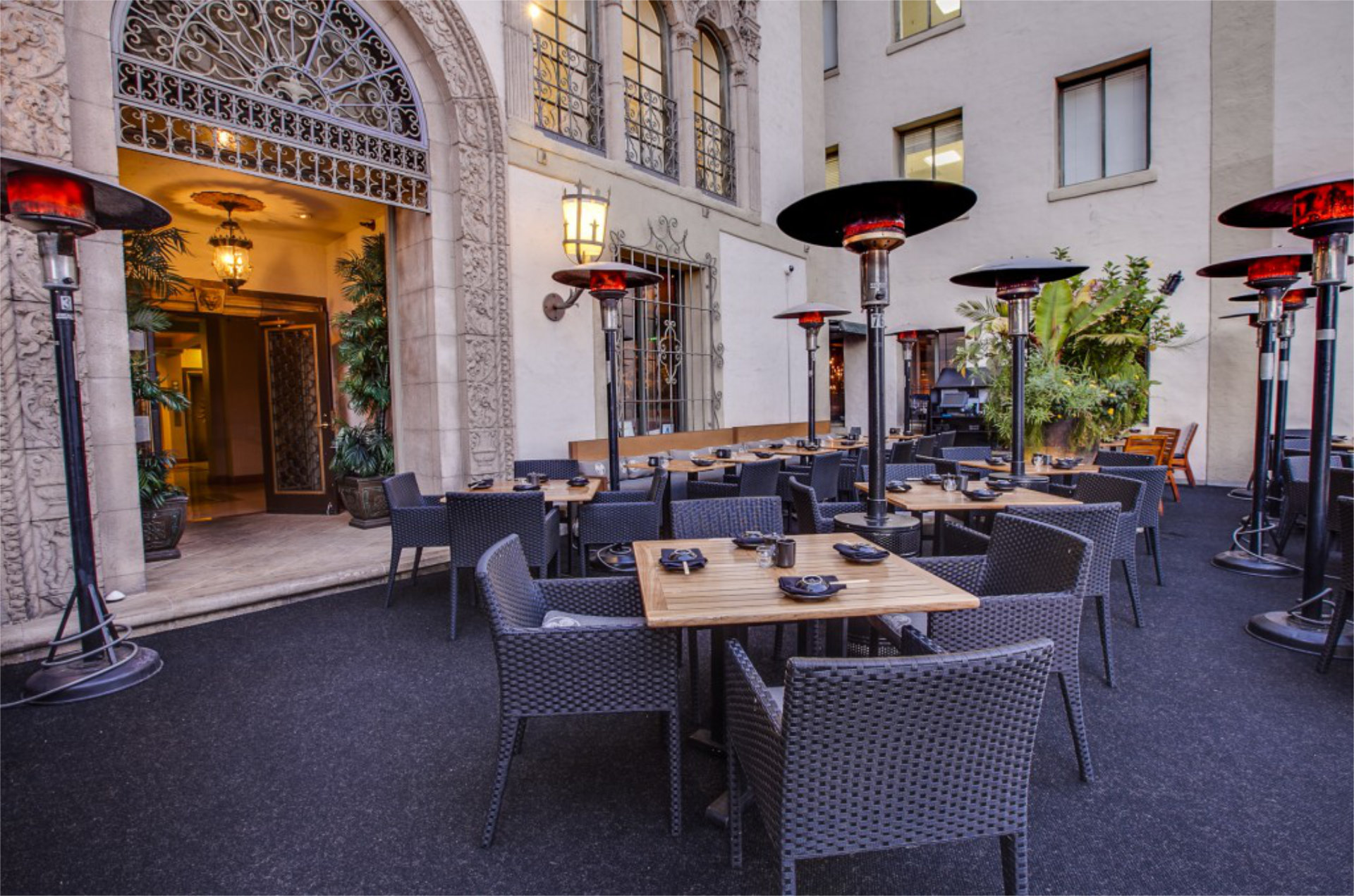a chair sitting in front of a building