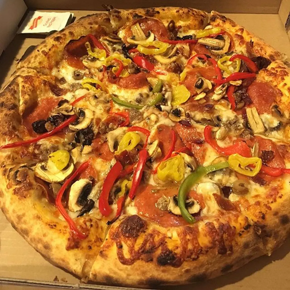 Pizza with mushrooms, and colored peppers