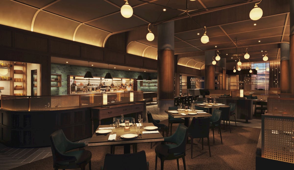 a room filled with furniture and a table in a restaurant