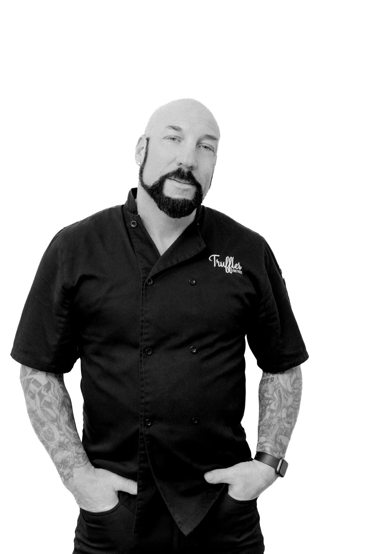 Black and white portrait of Chef Dave Bell, Truffles Fine Foods Executive Chef