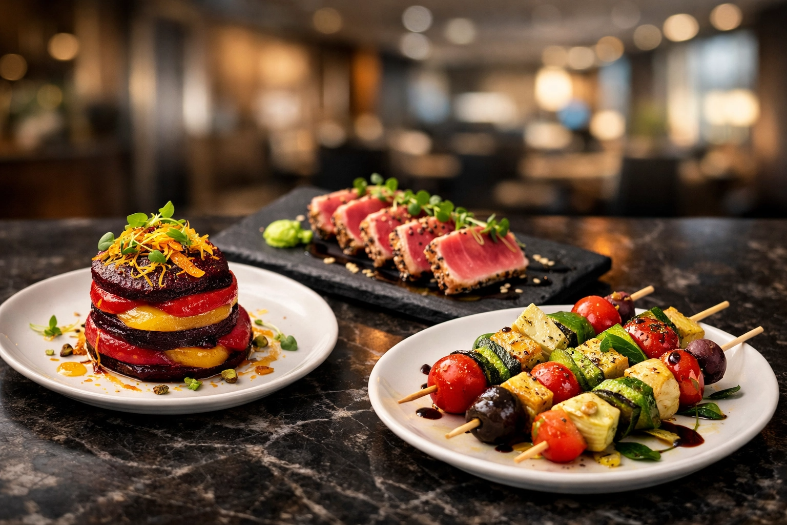 Gourmet vegan and gluten-free corporate catering appetizers served on an elegant marble surface.