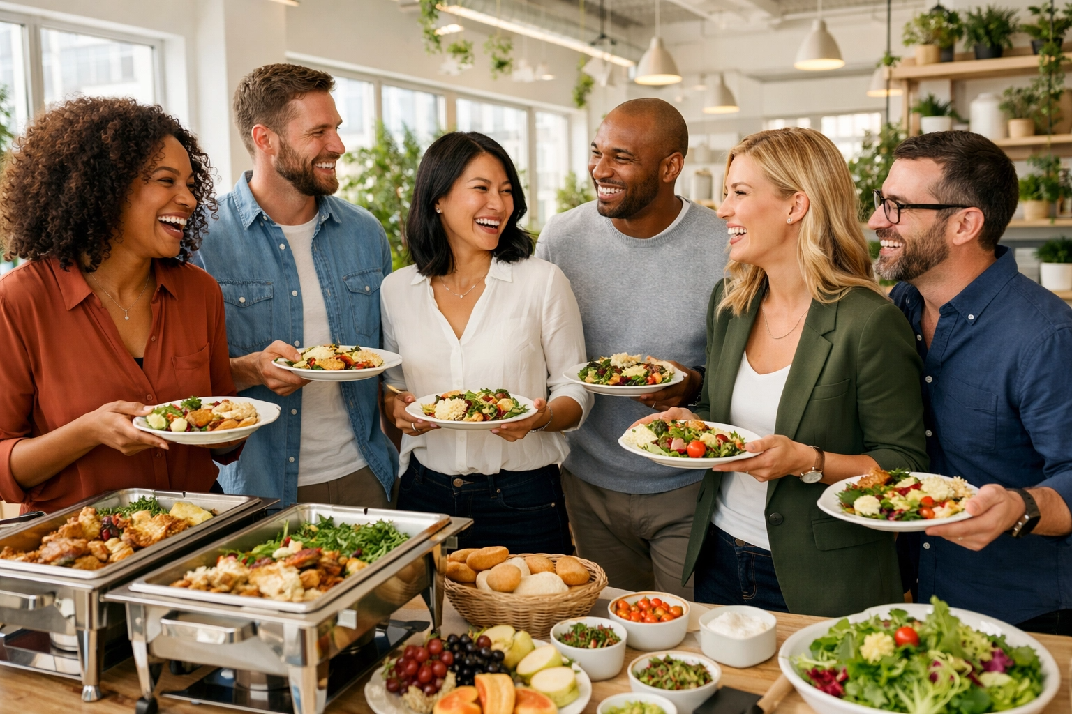 Diverse office team enjoying a catered professional lunch in a bright, modern Vancouver workspace.