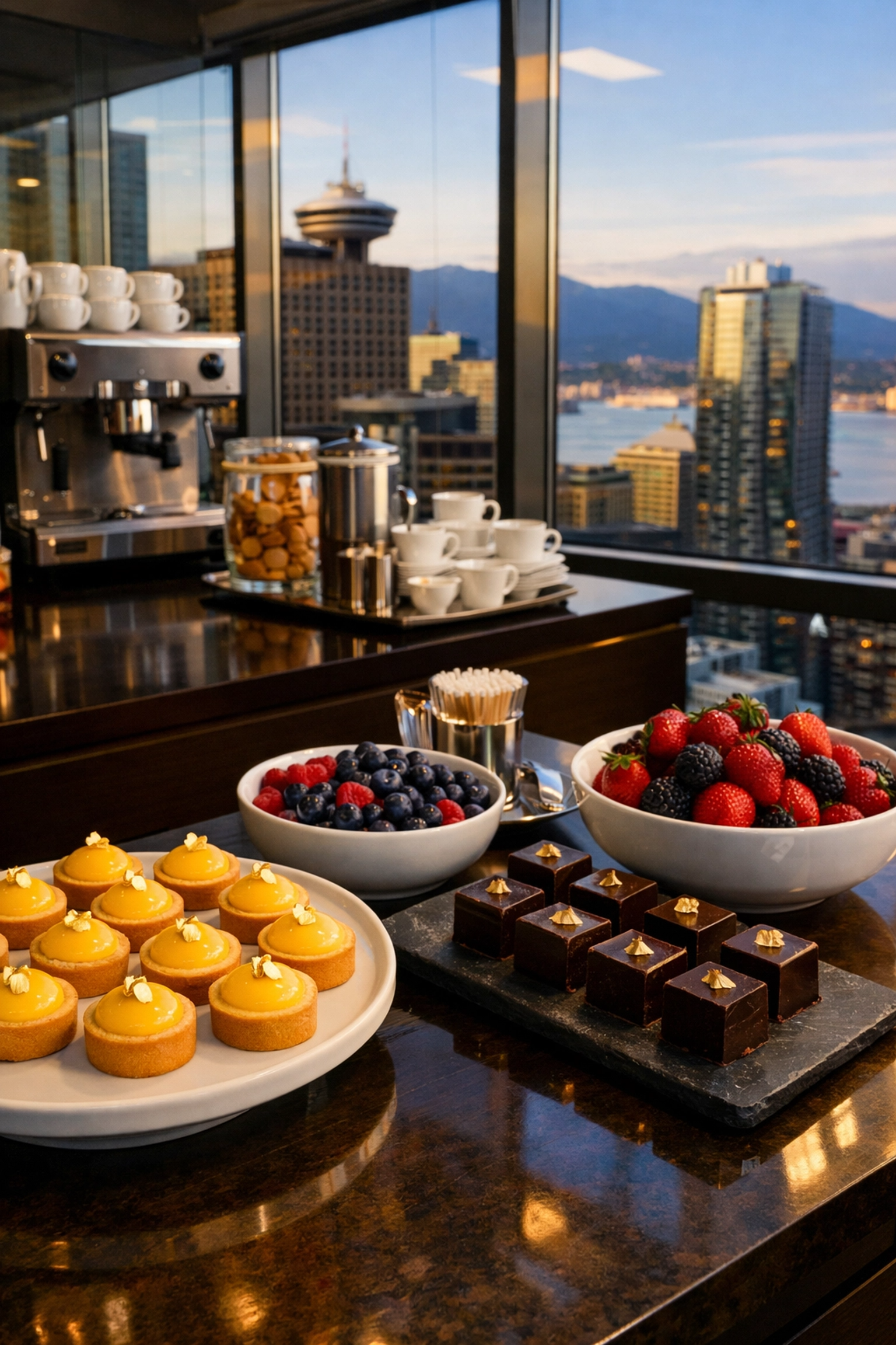 Premium office dessert station with artisan lemon tarts and berries overlooking the Vancouver skyline.