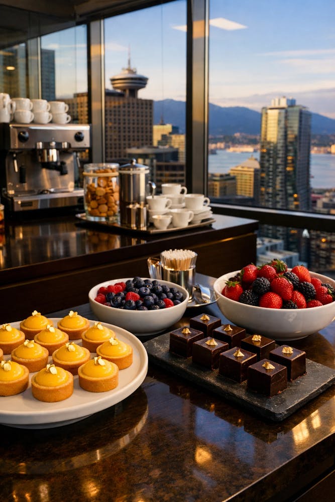 Premium office dessert station with artisan lemon tarts and berries overlooking the Vancouver skyline.