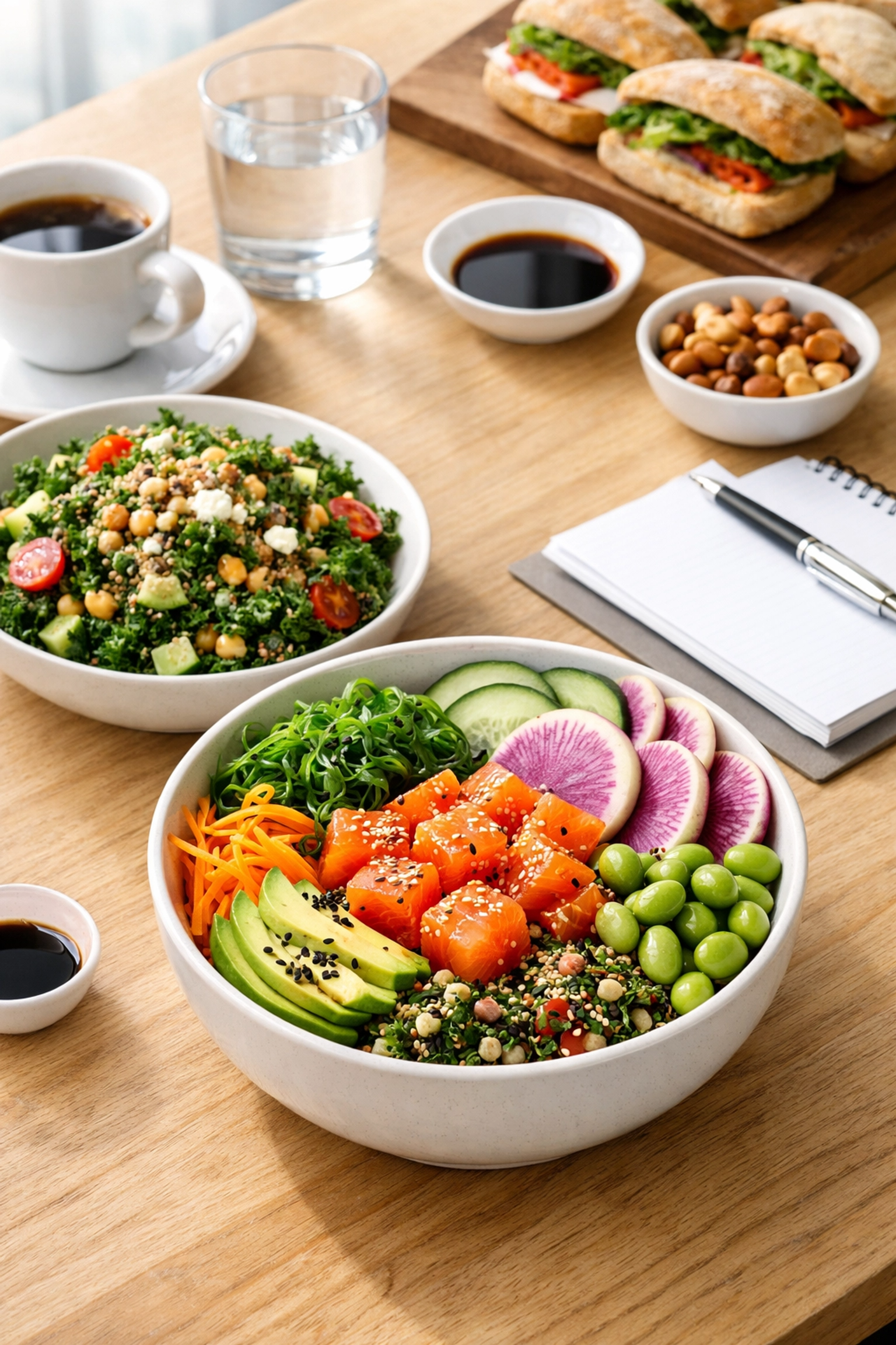Healthy poke bowl and kale salad office catering spread on a modern oak table in Vancouver.