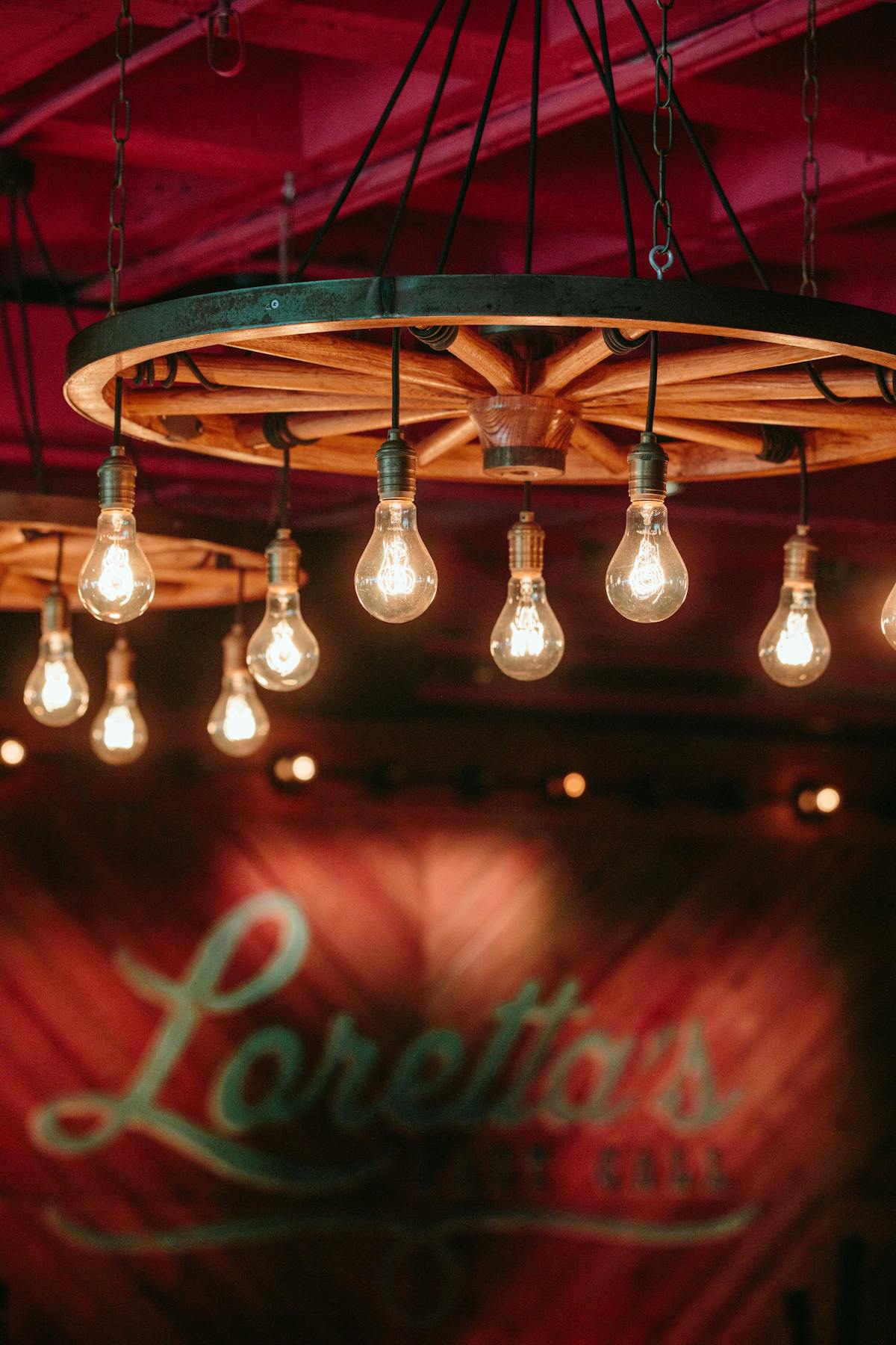 wheel chandelier, Loretta's Last Call interior