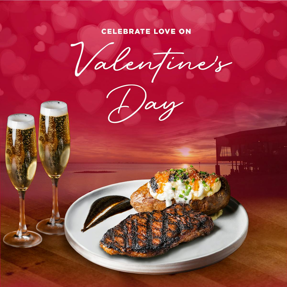 Steak and potatos with champagne