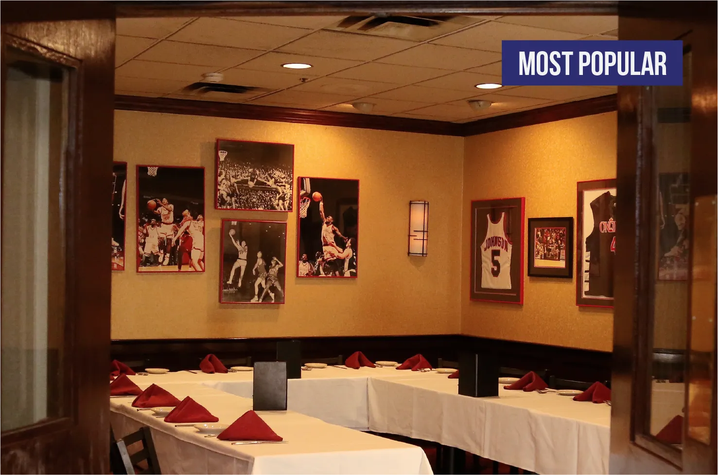 Bearcat Room private dining space with University of Cincinnati basketball memorabilia