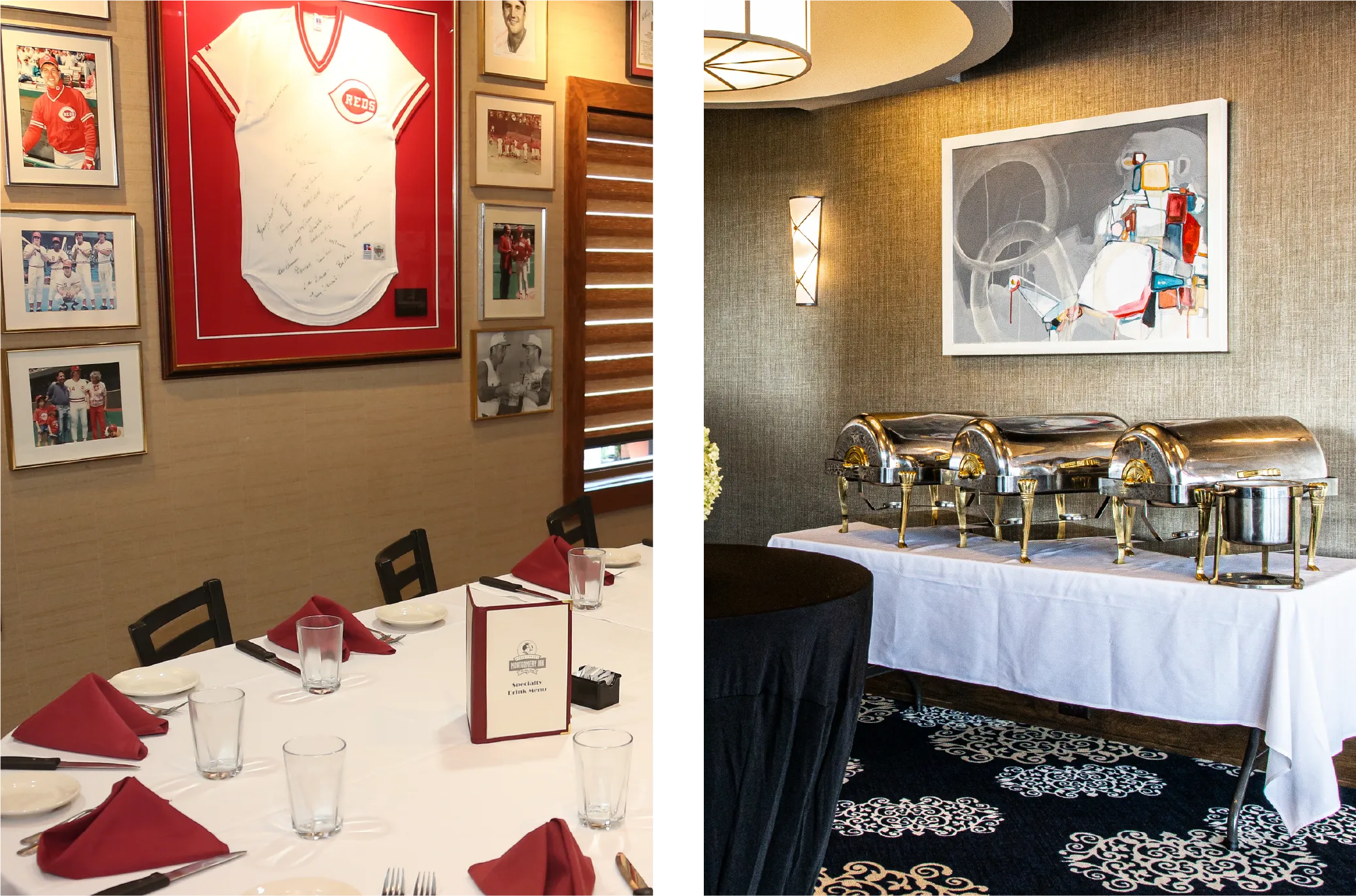 Reds-themed private dining wall art and gold chafing dish buffet setup