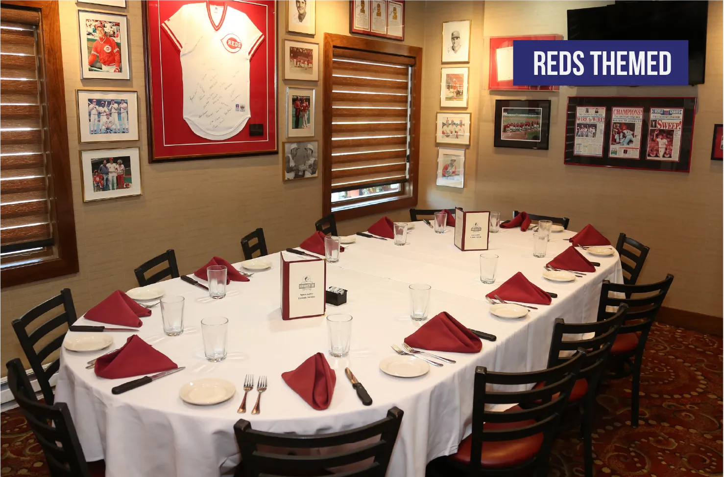 The Reds Room private dining space featuring Cincinnati Reds memorabilia