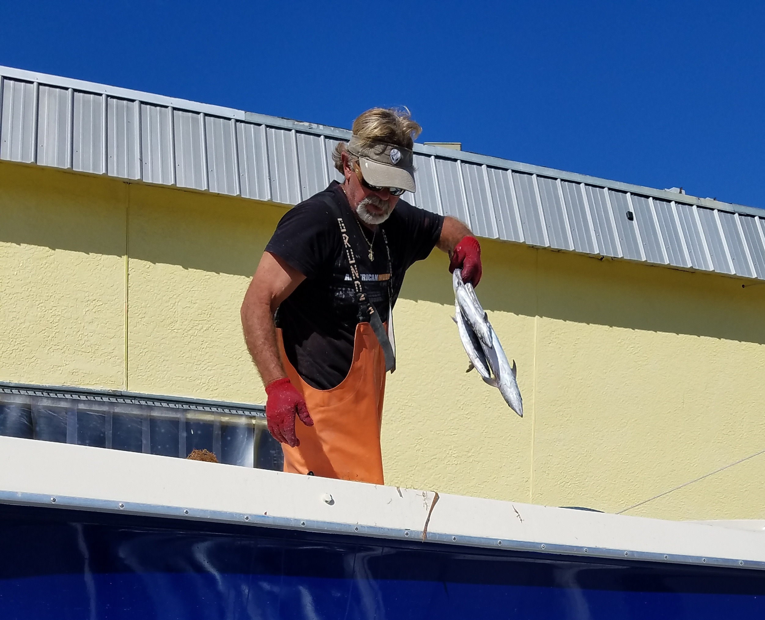 a man holding a big fish on a boat