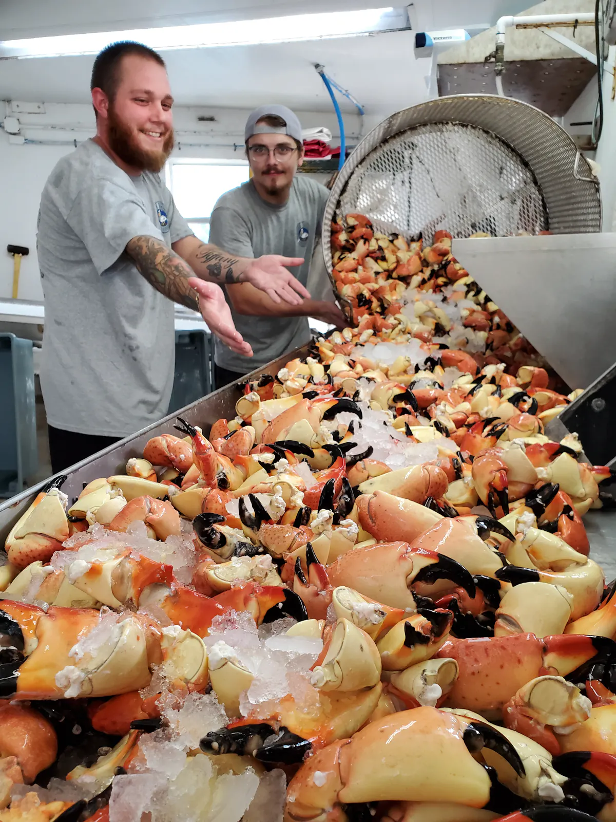 two men displaying a large pile of crab meat
