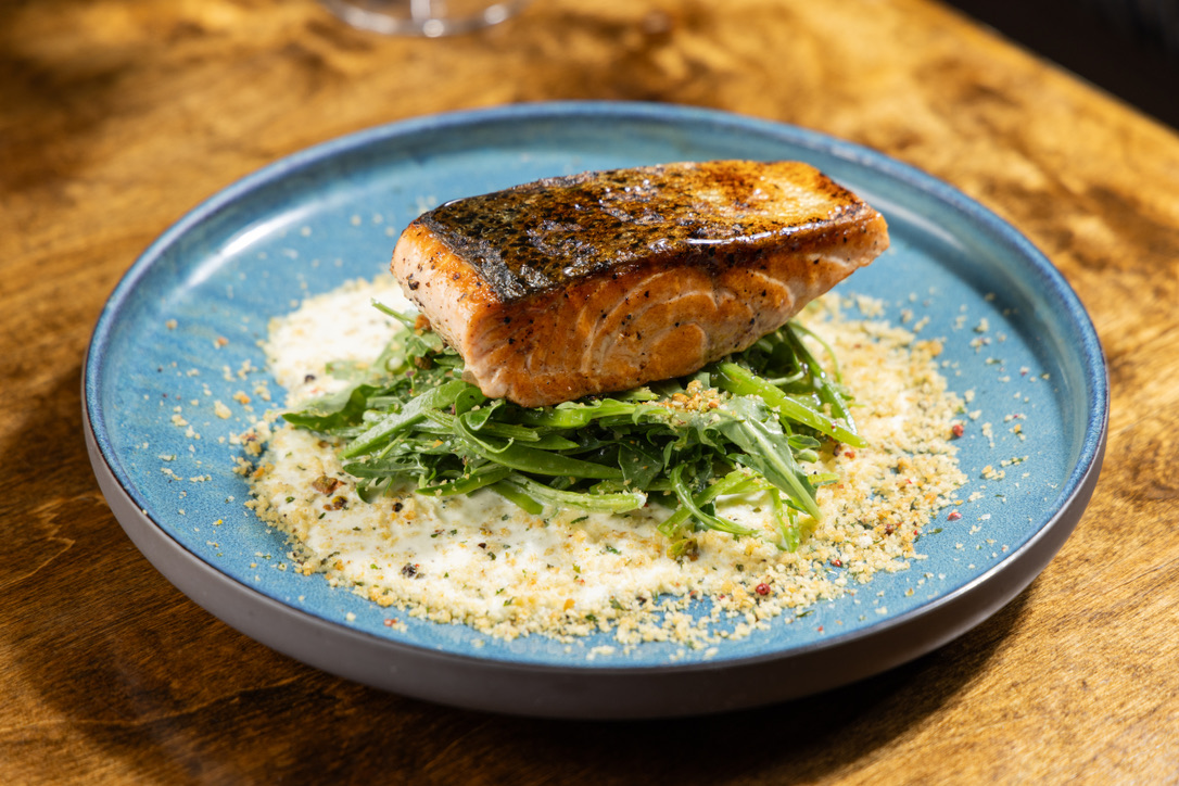 Summer Salmon, snow peas, feta dressing 