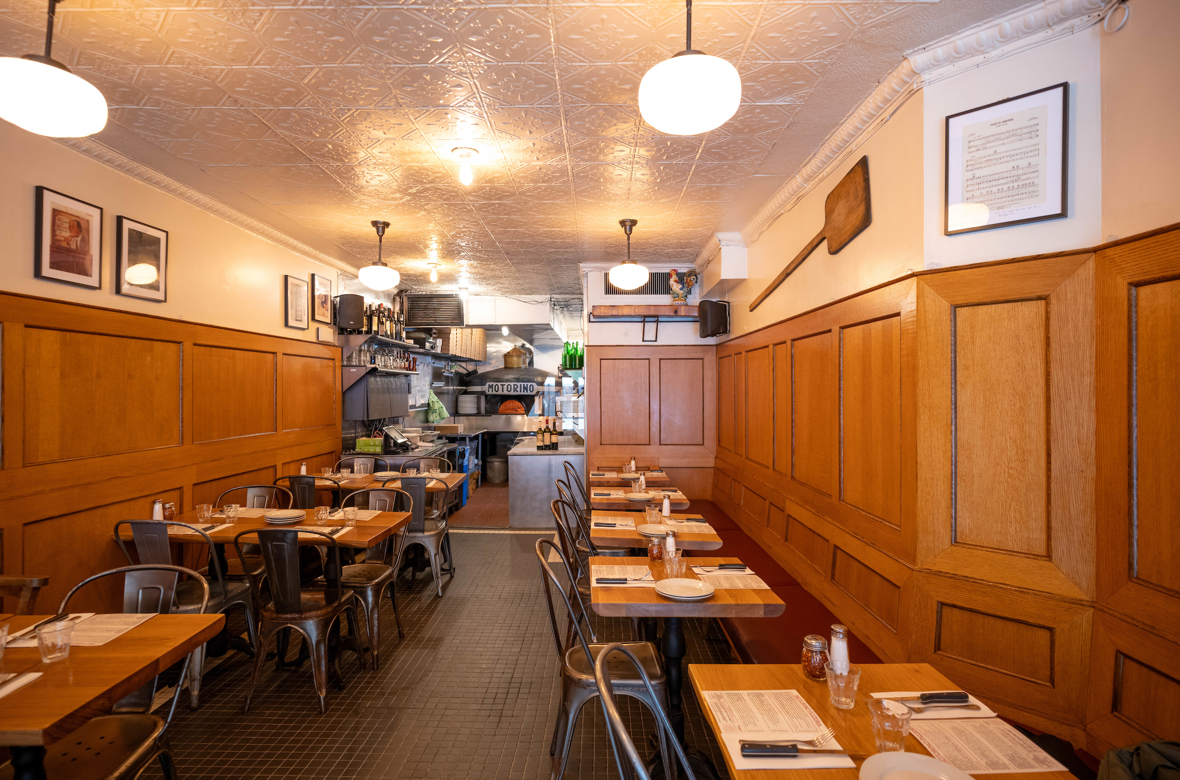Motorino Pizzeria's East Village dining room with wood-fired oven.