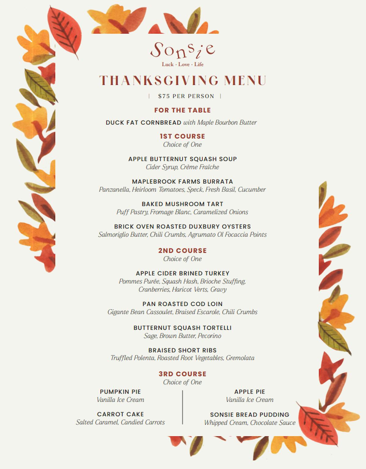 sonsie thanksgiving menu