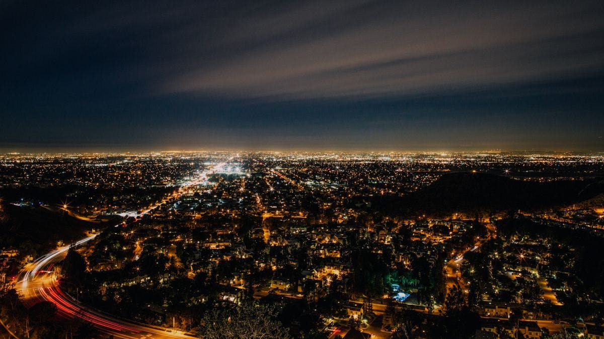a view of a city at night at night