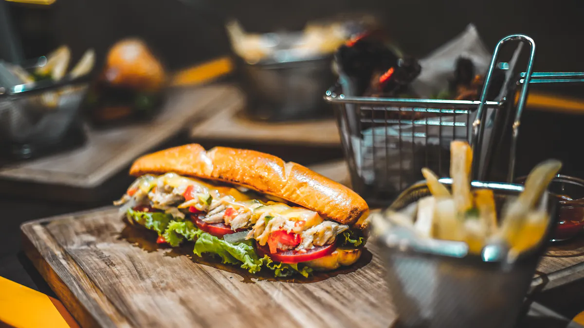 a tray of food on a wooden table