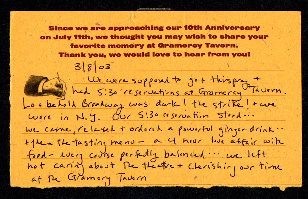 Gramercy Tavern Comment Card | 25th Anniversary