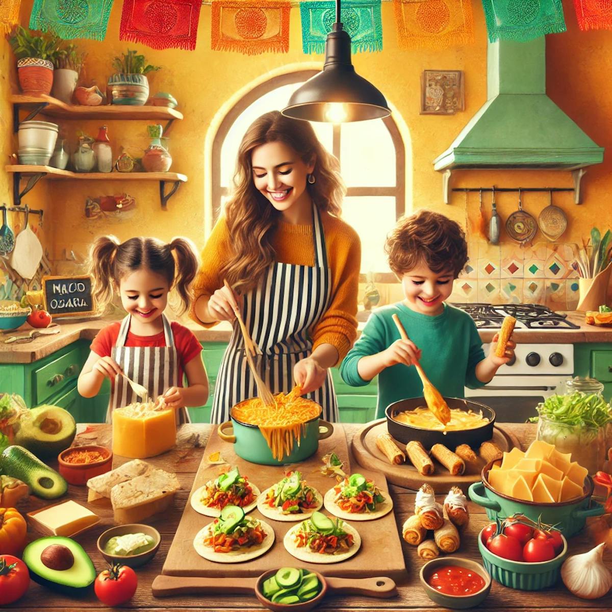 A warm and inviting kitchen scene where a mother and two young children are joyfully preparing Mexican-inspired dishes. The counter is filled with colorful ingredients like cheese, avocados, tomatoes, and tortillas. The kids are happily assembling their meals, with one sprinkling cheese on a tostada and another dipping a churro bite in chocolate sauce. The scene captures the fun and togetherness of family cooking, inspired by Rosita’s Mexican flavors.