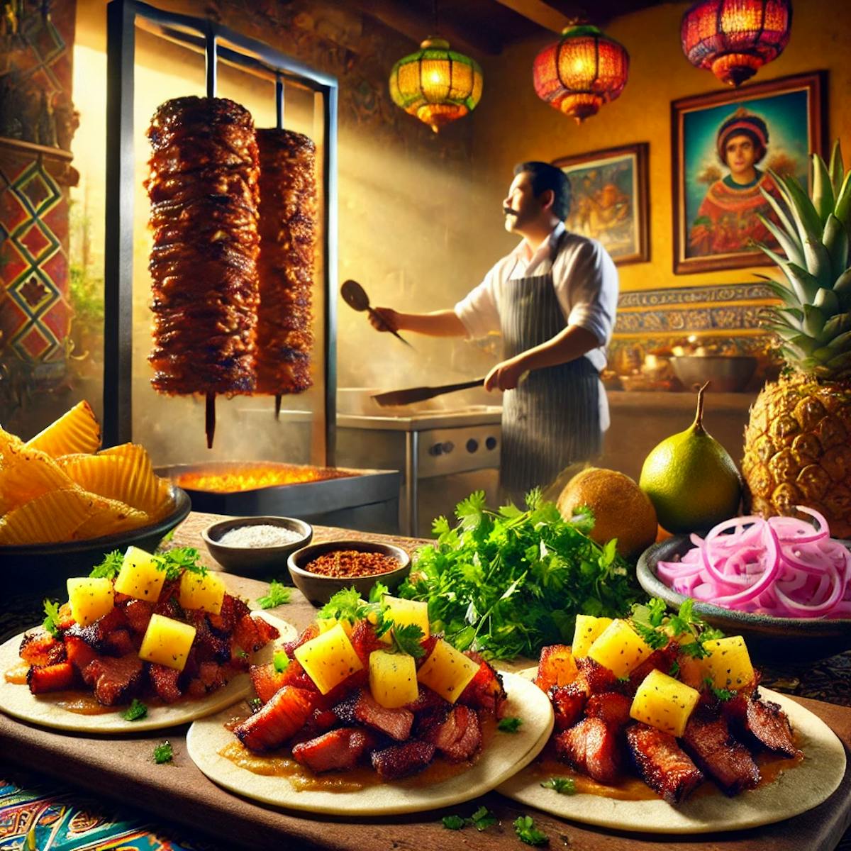 Colorful plate of Tacos Al Pastor with marinated pork, pineapple, cilantro, and onion, set in a lively kitchen with a vertical spit.