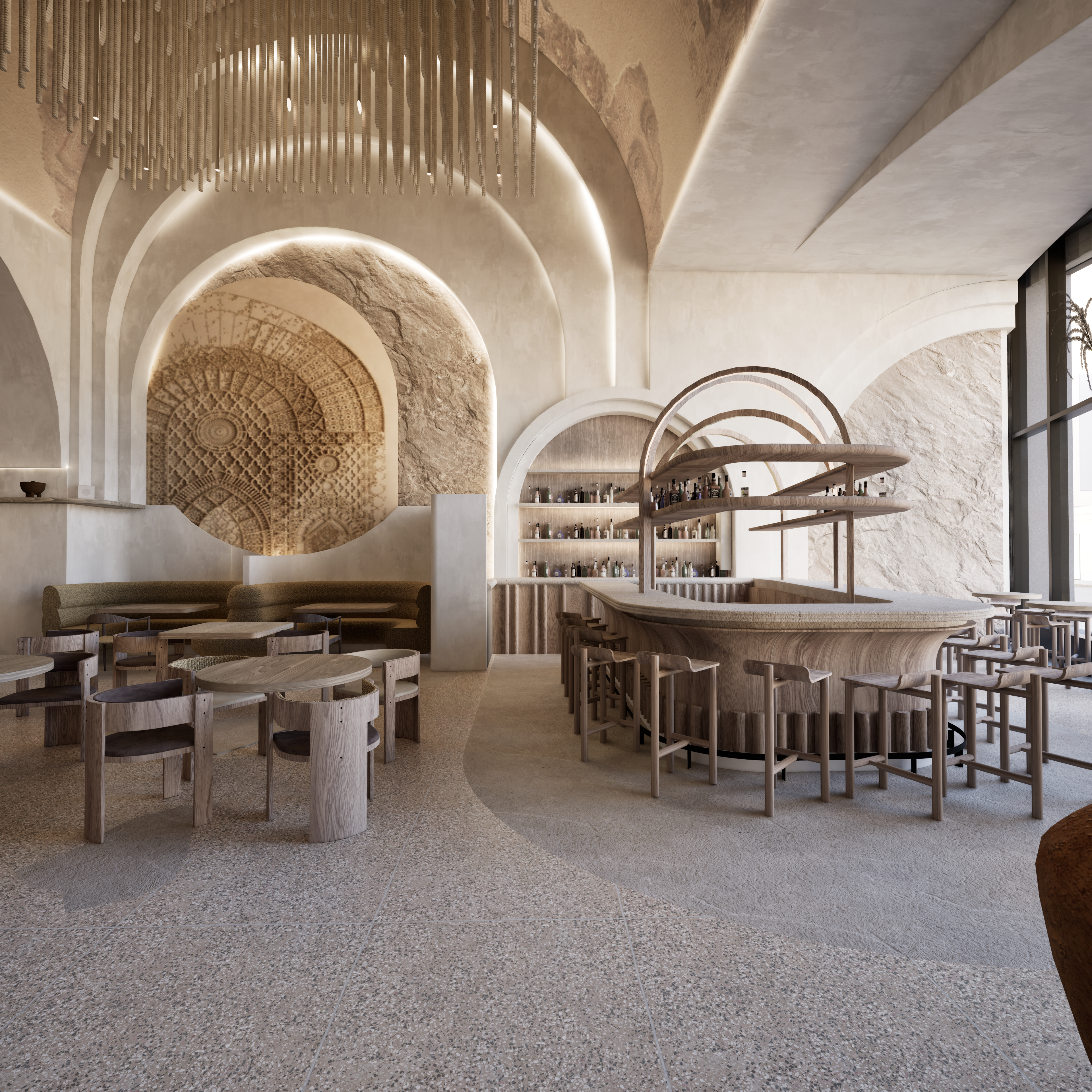 a room with a bar and chairs