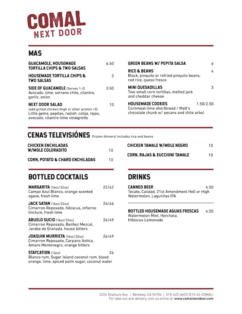 Berkeley Menus Comal Next Door in CA
