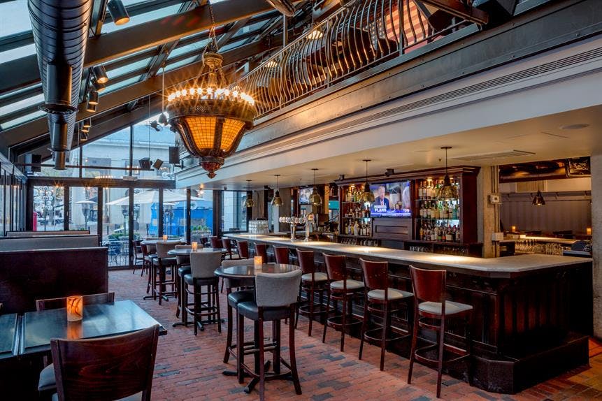 a dining room table in front of a building