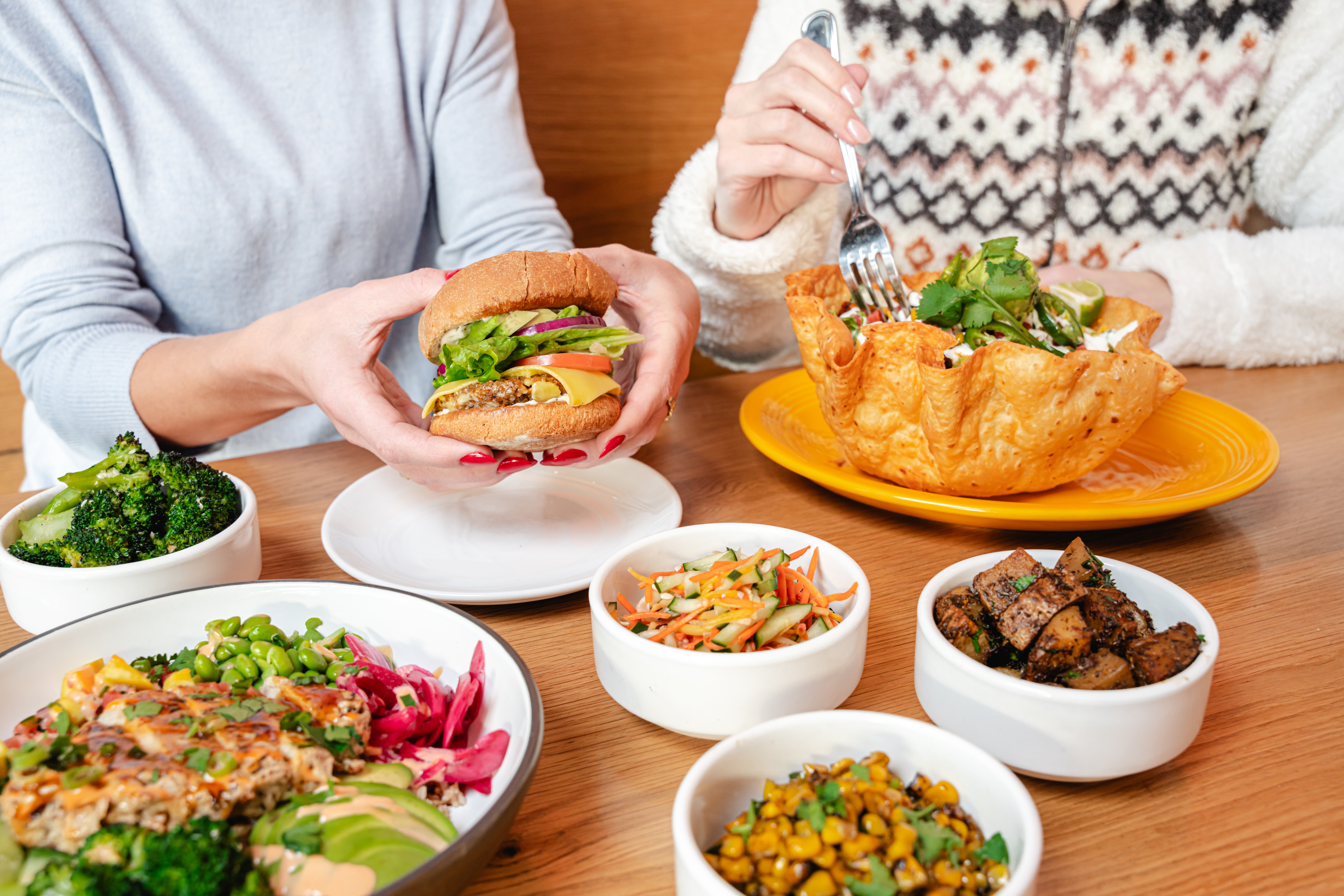 a group of people eating food